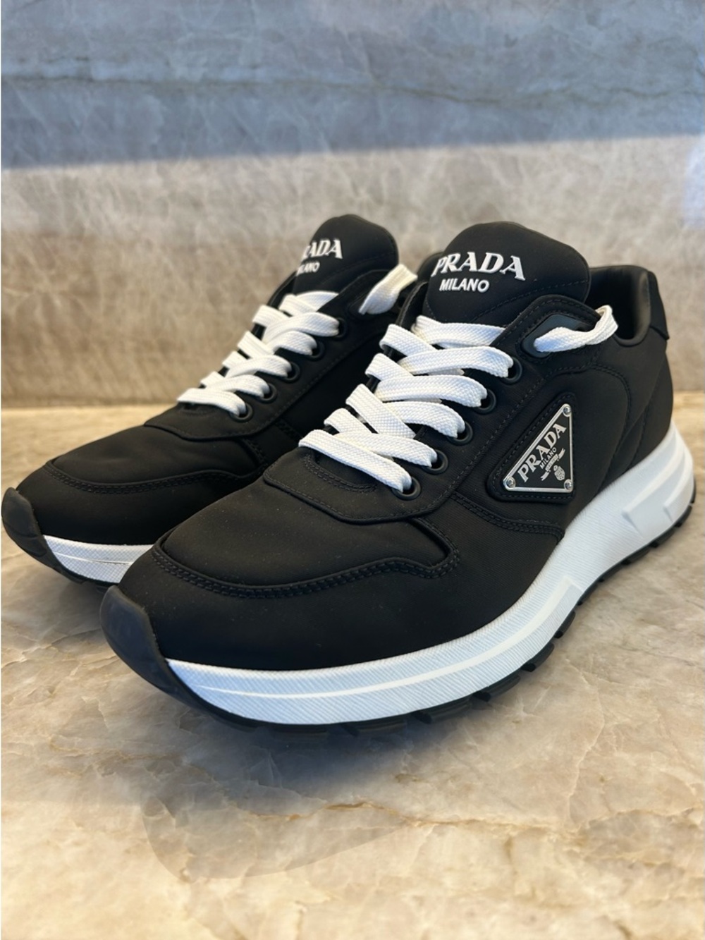 Prada Black and White Men’s Milano Runner Sneakers with Logo Patch